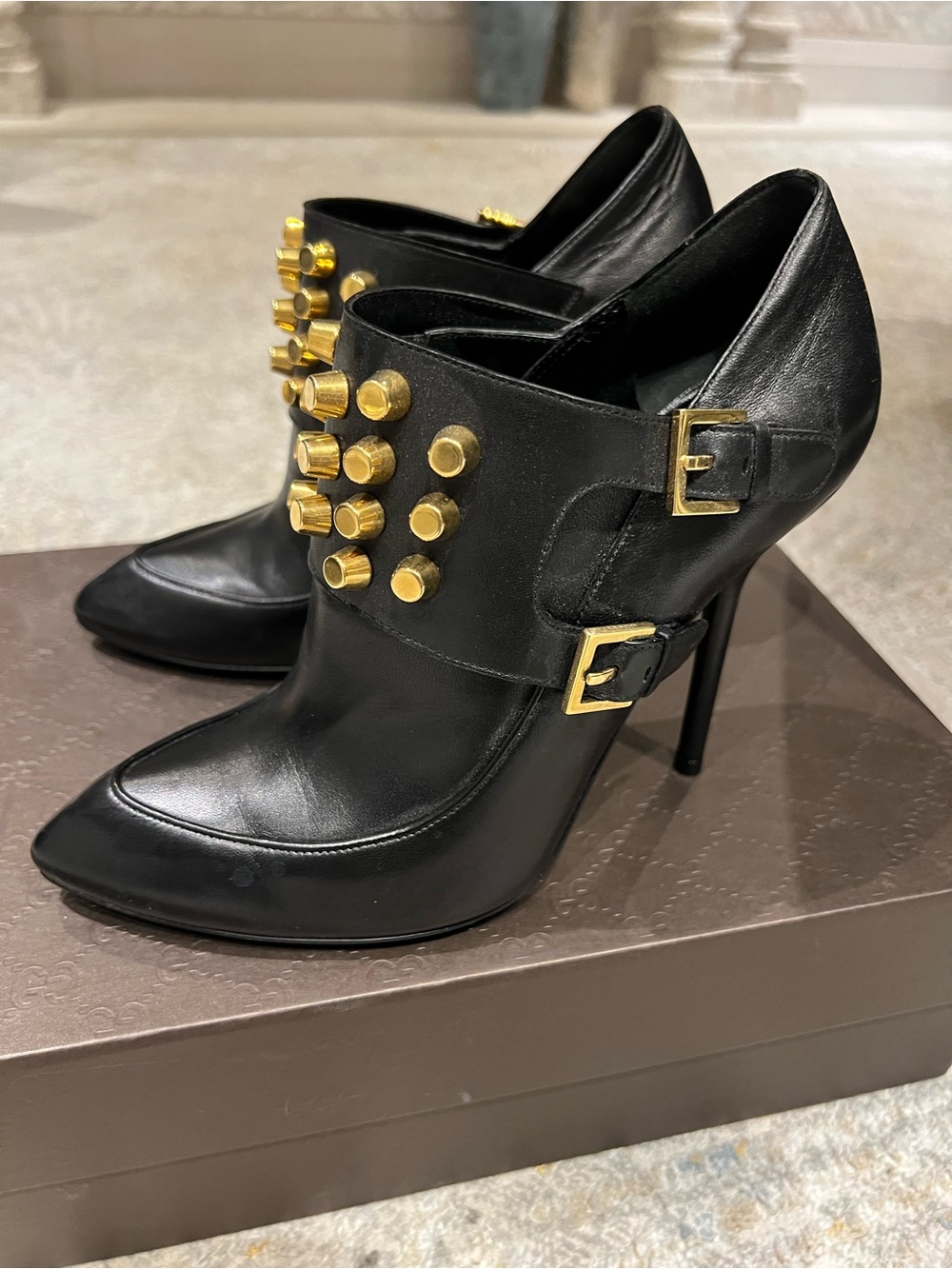 Gucci Black Leather High-Heel Ankle Boots